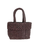 Anna Petal Pattern Crochet Straw Basket Handbag handmade natural raffia palm fiber in a solid hue of Espresso chocolate/dark/brown crochet in multiple textures resulting in a subtle pattern of vertical linked bands on the bottom 2/3 of the bag, and a floral petal or shell pattern on the upper third with rolled panel of links making up the handles Beach Bag Purse - Shebobo
