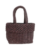 Anna Petal Pattern Crochet Straw Basket Handbag handmade natural raffia palm fiber in a solid hue of Mocha chocolate/dark/brown crochet in multiple textures resulting in a subtle pattern of vertical linked bands on the bottom 2/3 of the bag, and a floral petal or shell pattern on the upper third with rolled panel of links making up the handles Beach Bag Purse - Shebobo