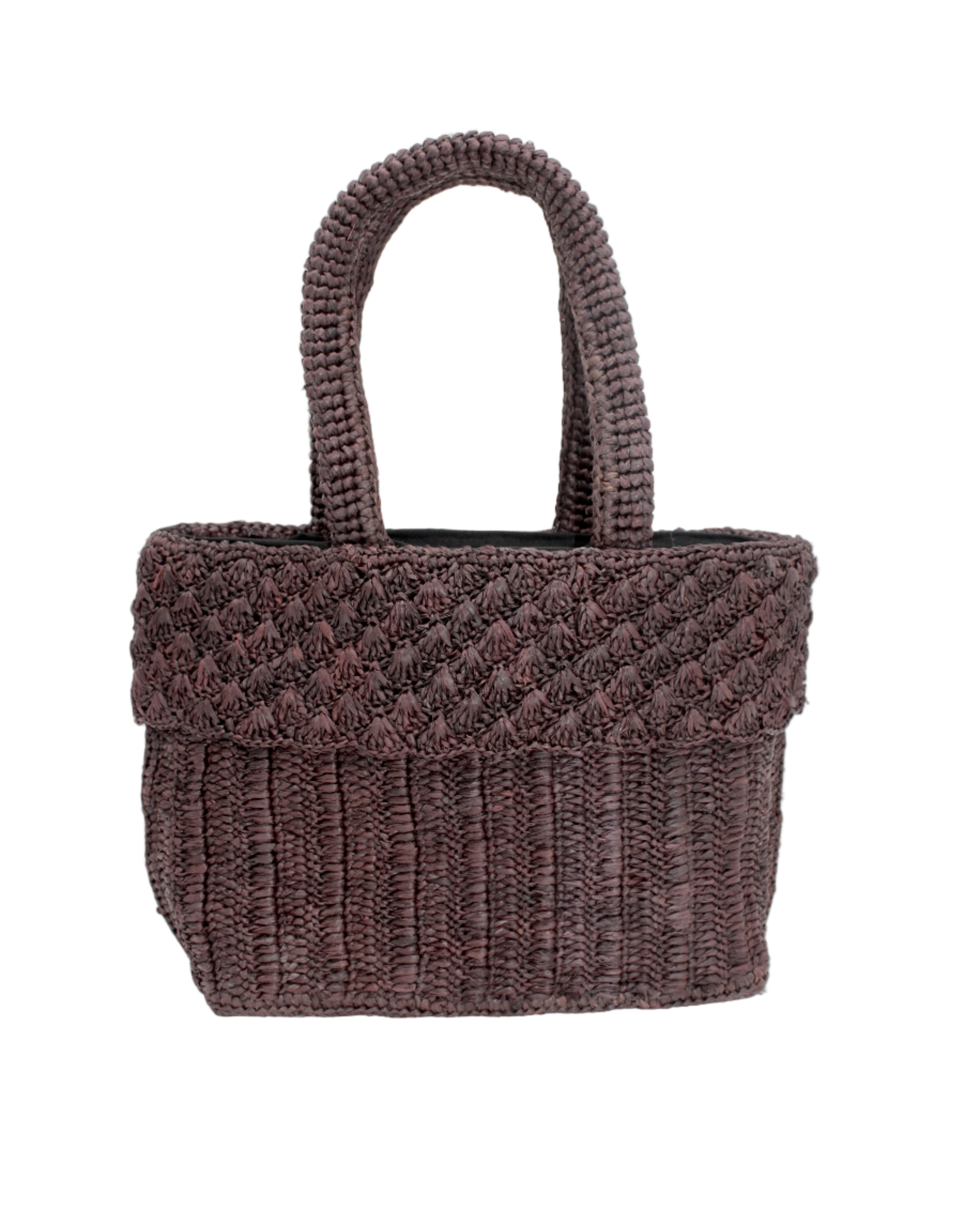 Anna Petal Pattern Crochet Straw Basket Handbag handmade natural raffia palm fiber in a solid hue of Mocha chocolate/dark/brown crochet in multiple textures resulting in a subtle pattern of vertical linked bands on the bottom 2/3 of the bag, and a floral petal or shell pattern on the upper third with rolled panel of links making up the handles Beach Bag Purse - Shebobo