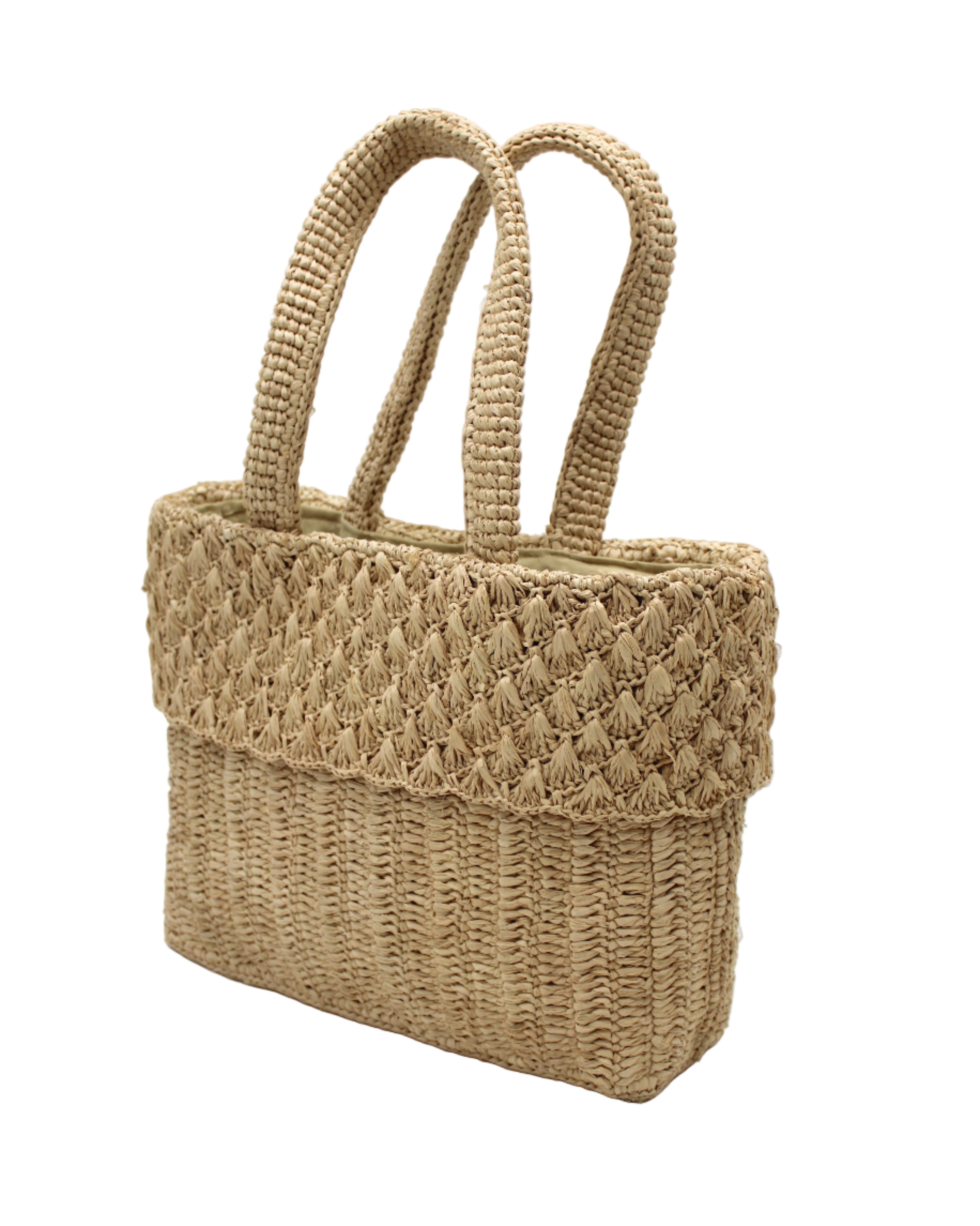 Side view Anna Petal Pattern Crochet Straw Basket Handbag handmade natural raffia palm fiber in a solid hue of Natural straw color crochet in multiple textures resulting in a subtle pattern of vertical linked bands on the bottom 2/3 of the bag, and a floral petal or shell pattern on the upper third with rolled panel of links making up the handles Beach Bag Purse - Shebobo