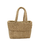 Anna Petal Pattern Crochet Straw Basket Handbag handmade natural raffia palm fiber in a solid hue of Natural straw color crochet in multiple textures resulting in a subtle pattern of vertical linked bands on the bottom 2/3 of the bag, and a floral petal or shell pattern on the upper third with rolled panel of links making up the handles Beach Bag Purse - Shebobo