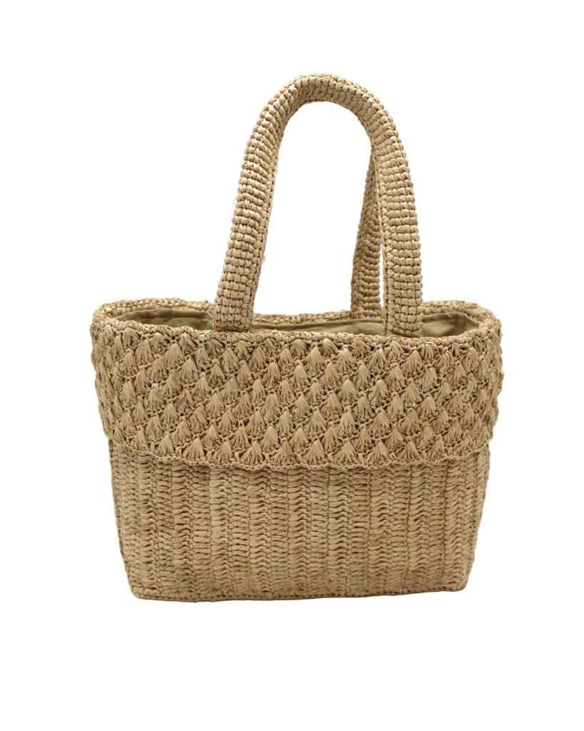 Anna Petal Pattern Crochet Straw Basket Handbag handmade natural raffia palm fiber in a solid hue of Natural straw color crochet in multiple textures resulting in a subtle pattern of vertical linked bands on the bottom 2/3 of the bag, and a floral petal or shell pattern on the upper third with rolled panel of links making up the handles Beach Bag Purse - Shebobo
