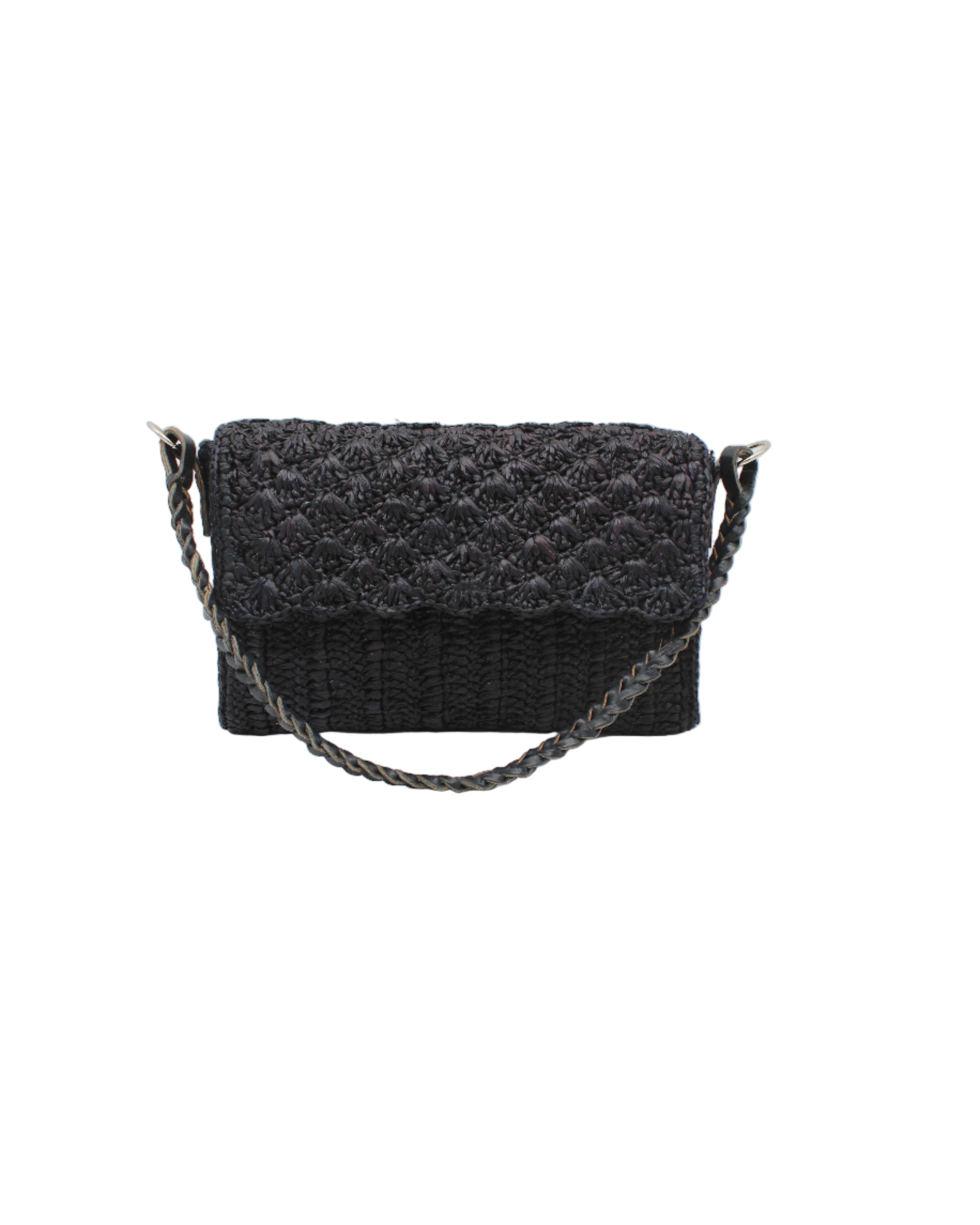 Anna Petal Pattern Crochet Straw Over Shoulder Envelope Clutch Purse handmade raffia palm fiber in a solid hue of Black crochet in multiple textures resulting in a subtle pattern of vertical linked bands on the bottom half of the bag, and a floral petal or shell pattern on the upper envelope flap with braided leather shoulder strap handbag shoulder bag - Shebobo