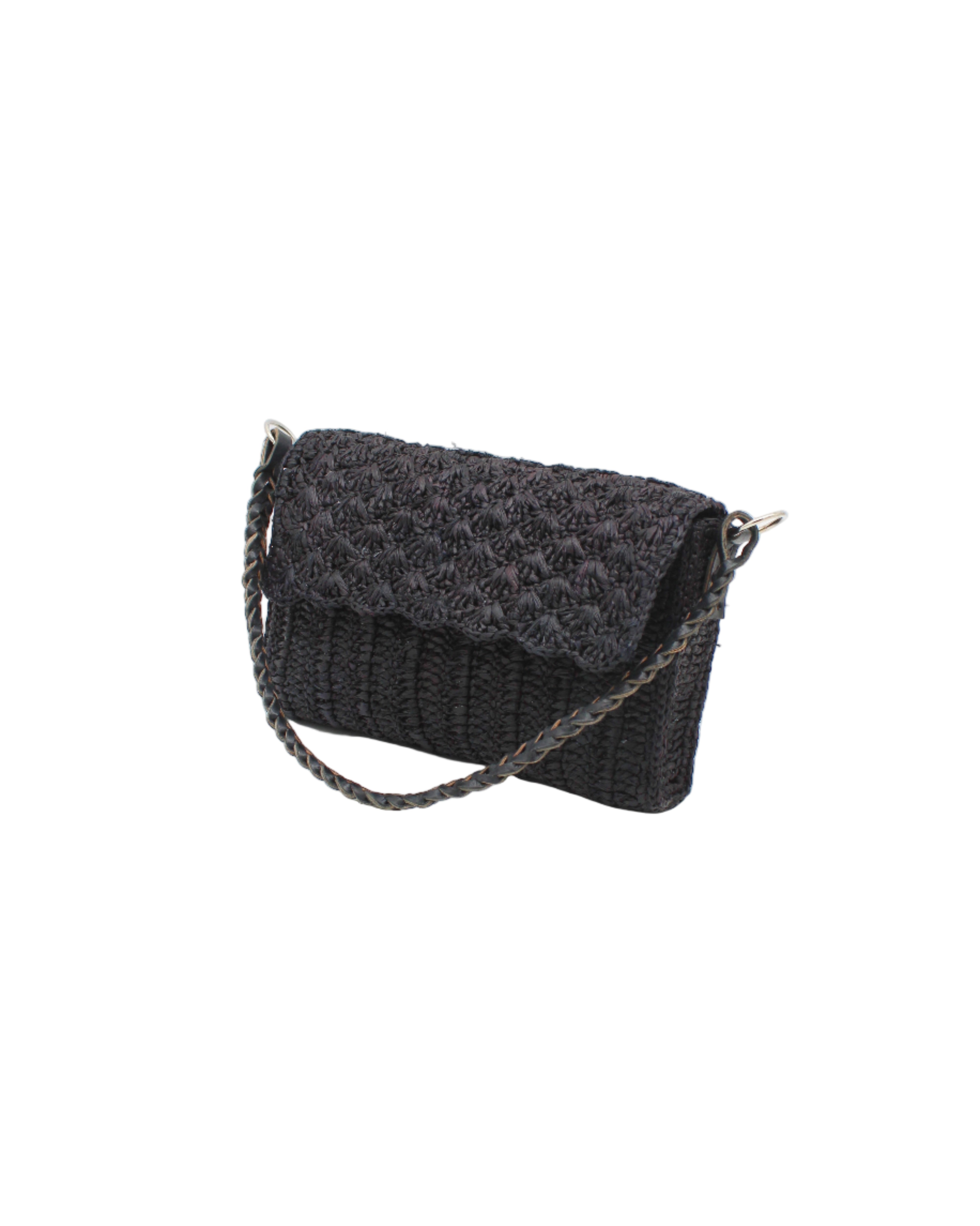Side view Anna Petal Pattern Crochet Straw Over Shoulder Envelope Clutch Purse handmade raffia palm fiber in a solid hue of Black crochet in multiple textures resulting in a subtle pattern of vertical linked bands on the bottom half of the bag, and a floral petal or shell pattern on the upper envelope flap with braided leather shoulder strap handbag shoulder bag - Shebobo