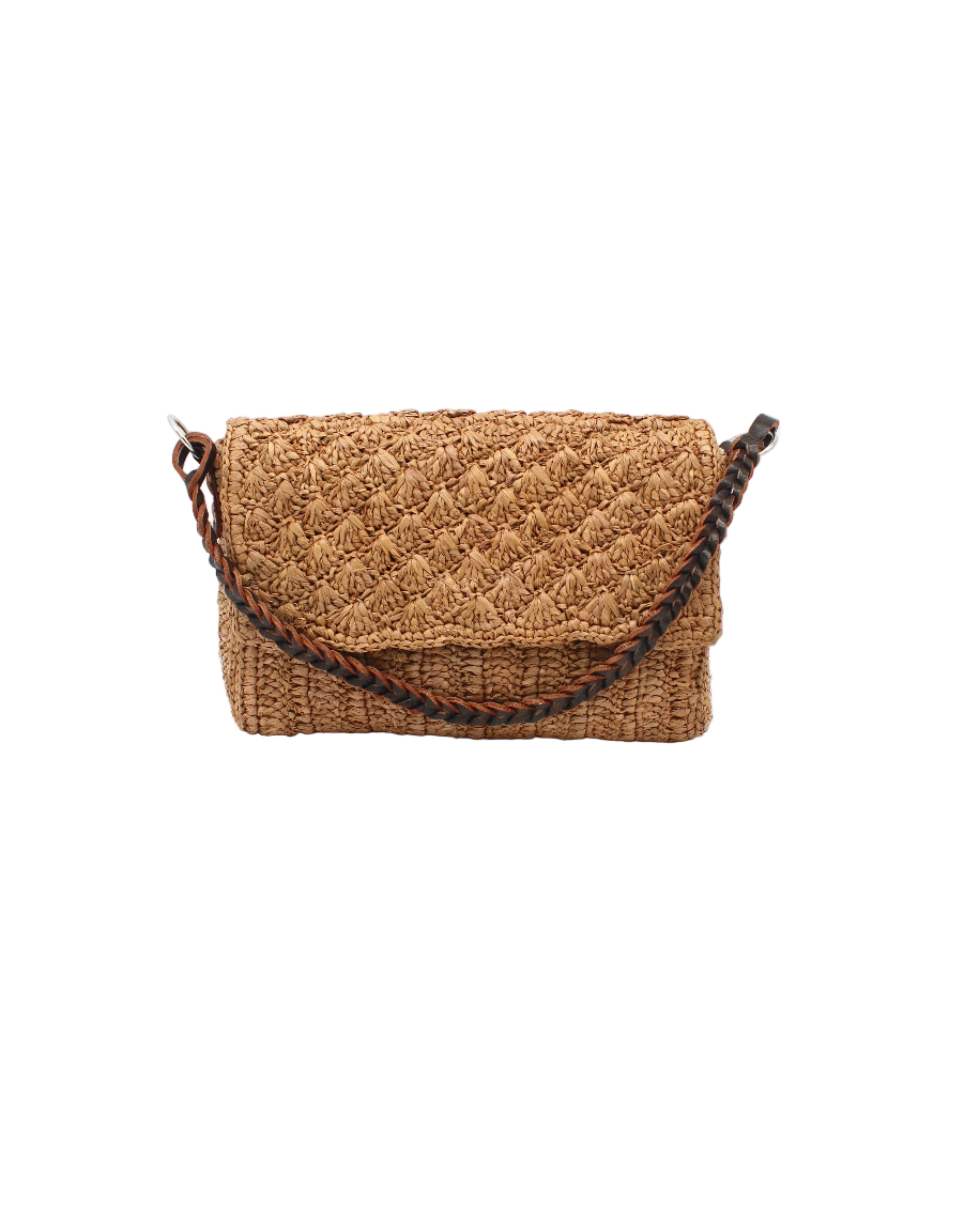 Anna Petal Pattern Crochet Straw Over Shoulder Envelope Clutch Purse handmade raffia palm fiber in a solid hue of Cappuccino tea/light/brown crochet in multiple textures resulting in a subtle pattern of vertical linked bands on the bottom half of the bag, and a floral petal or shell pattern on the upper envelope flap with braided leather shoulder strap handbag shoulder bag - Shebobo