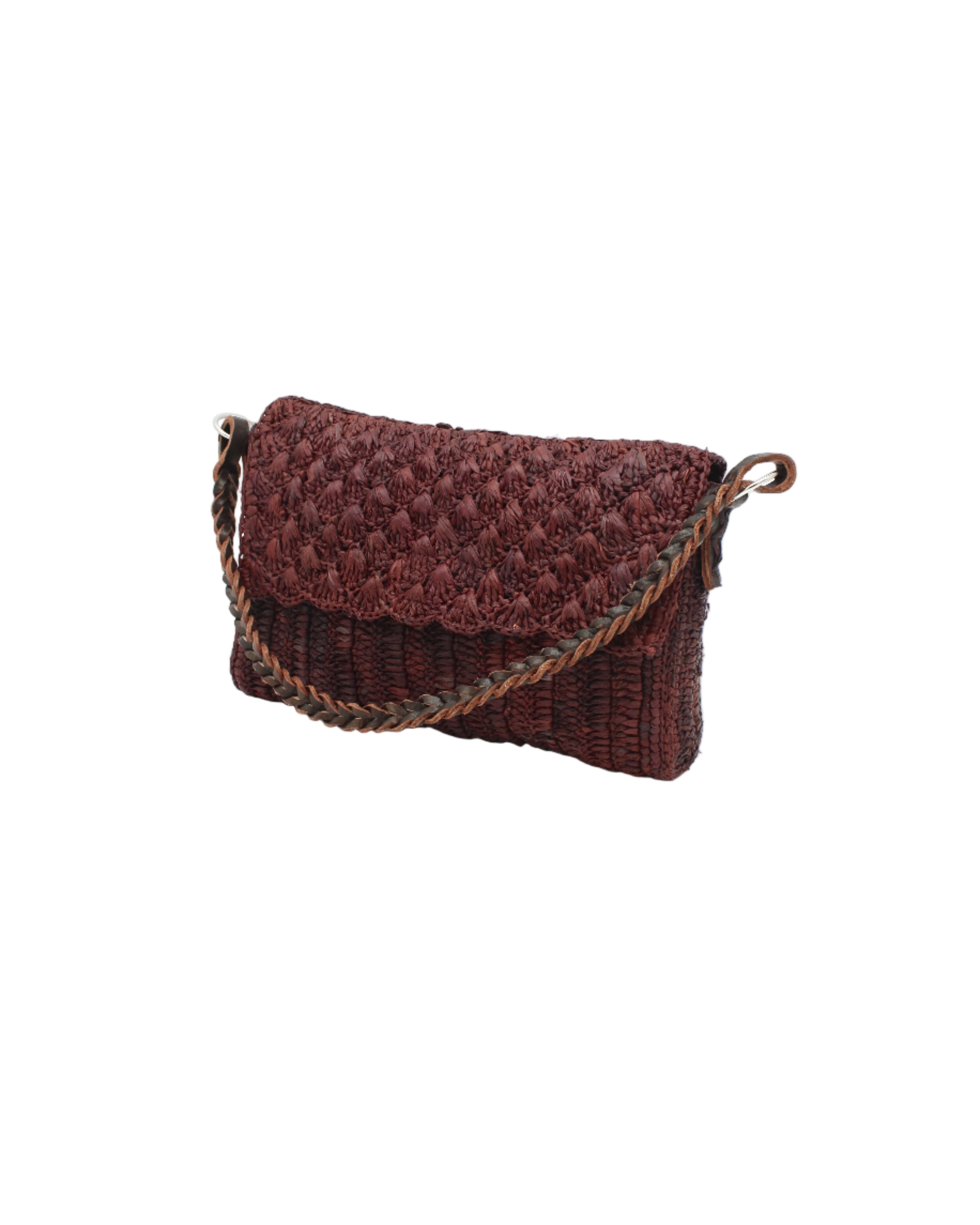 Side view Anna Petal Pattern Crochet Straw Over Shoulder Envelope Clutch Purse handmade raffia palm fiber in a solid hue of Mocha chocolate/dark/brown crochet in multiple textures resulting in a subtle pattern of vertical linked bands on the bottom half of the bag, and a floral petal or shell pattern on the upper envelope flap with braided leather shoulder strap handbag shoulder bag - Shebobo