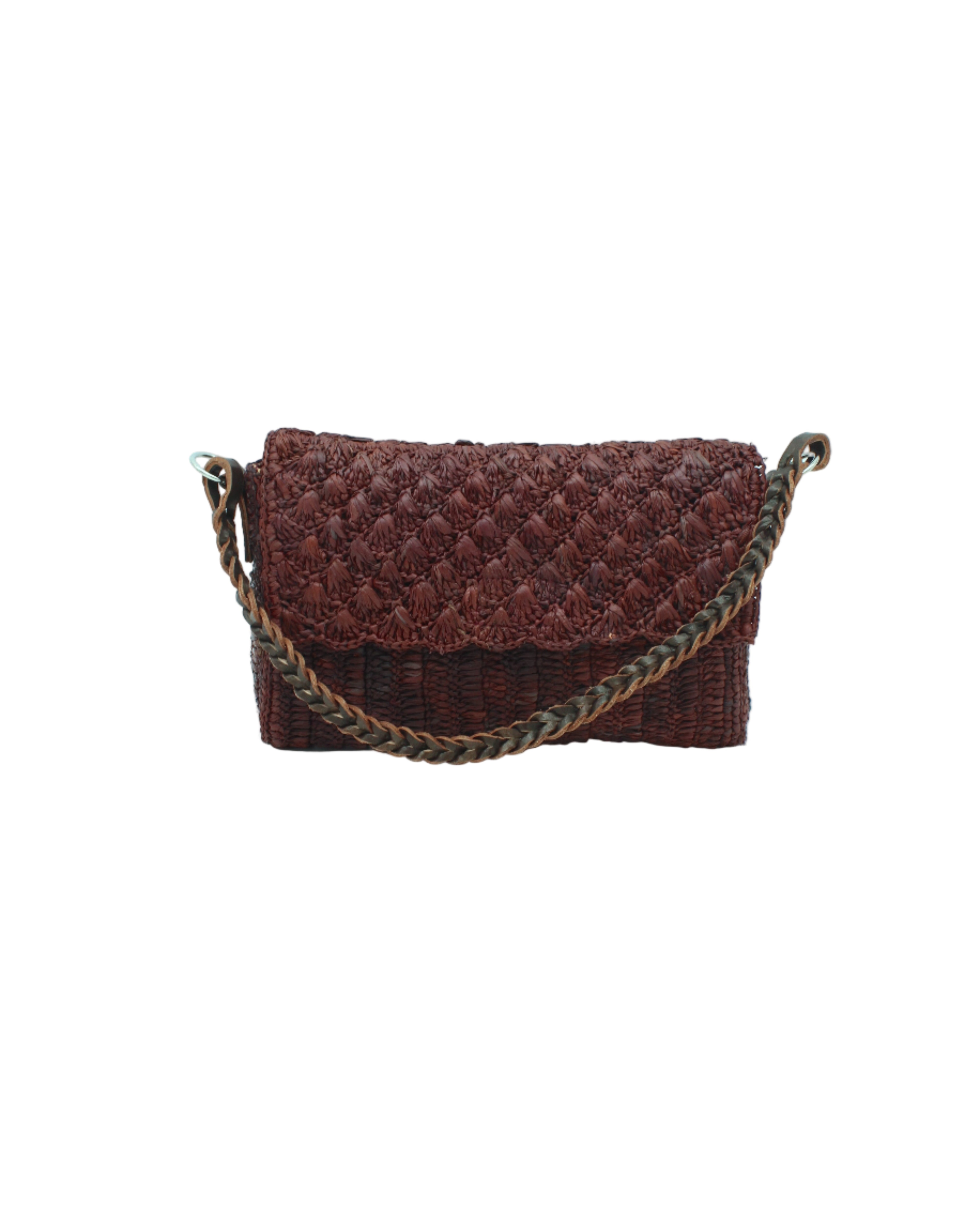 Anna Petal Pattern Crochet Straw Over Shoulder Envelope Clutch Purse handmade raffia palm fiber in a solid hue of Mocha chocolate/dark/brown crochet in multiple textures resulting in a subtle pattern of vertical linked bands on the bottom half of the bag, and a floral petal or shell pattern on the upper envelope flap with braided leather shoulder strap handbag shoulder bag - Shebobo