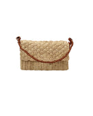Anna Petal Pattern Crochet Straw Over Shoulder Envelope Clutch Purse handmade raffia palm fiber in a solid hue of Natural straw color crochet in multiple textures resulting in a subtle pattern of vertical linked bands on the bottom half of the bag, and a floral petal or shell pattern on the upper envelope flap with braided leather shoulder strap handbag shoulder bag - Shebobo