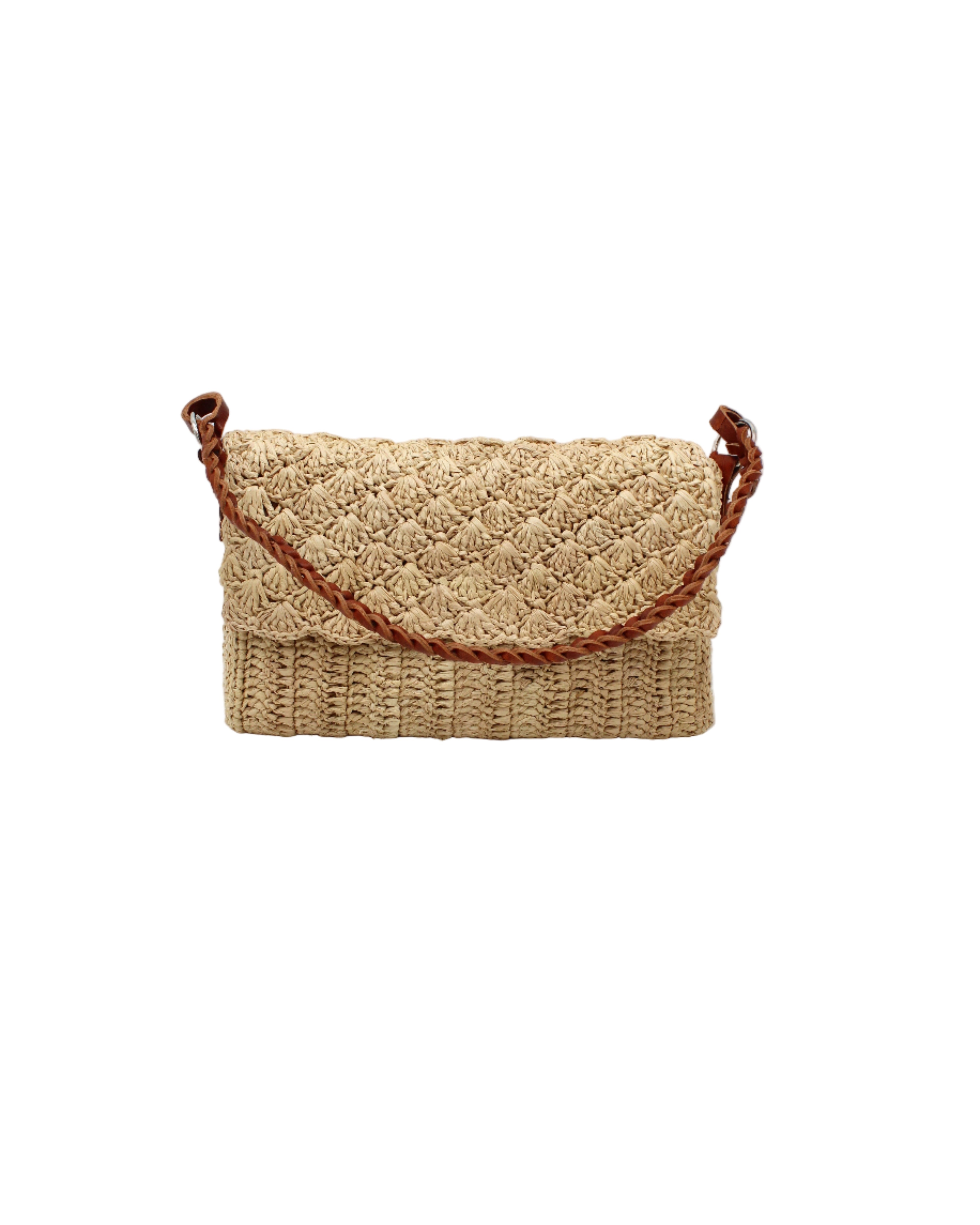 Anna Petal Pattern Crochet Straw Over Shoulder Envelope Clutch Purse handmade raffia palm fiber in a solid hue of Natural straw color crochet in multiple textures resulting in a subtle pattern of vertical linked bands on the bottom half of the bag, and a floral petal or shell pattern on the upper envelope flap with braided leather shoulder strap handbag shoulder bag - Shebobo