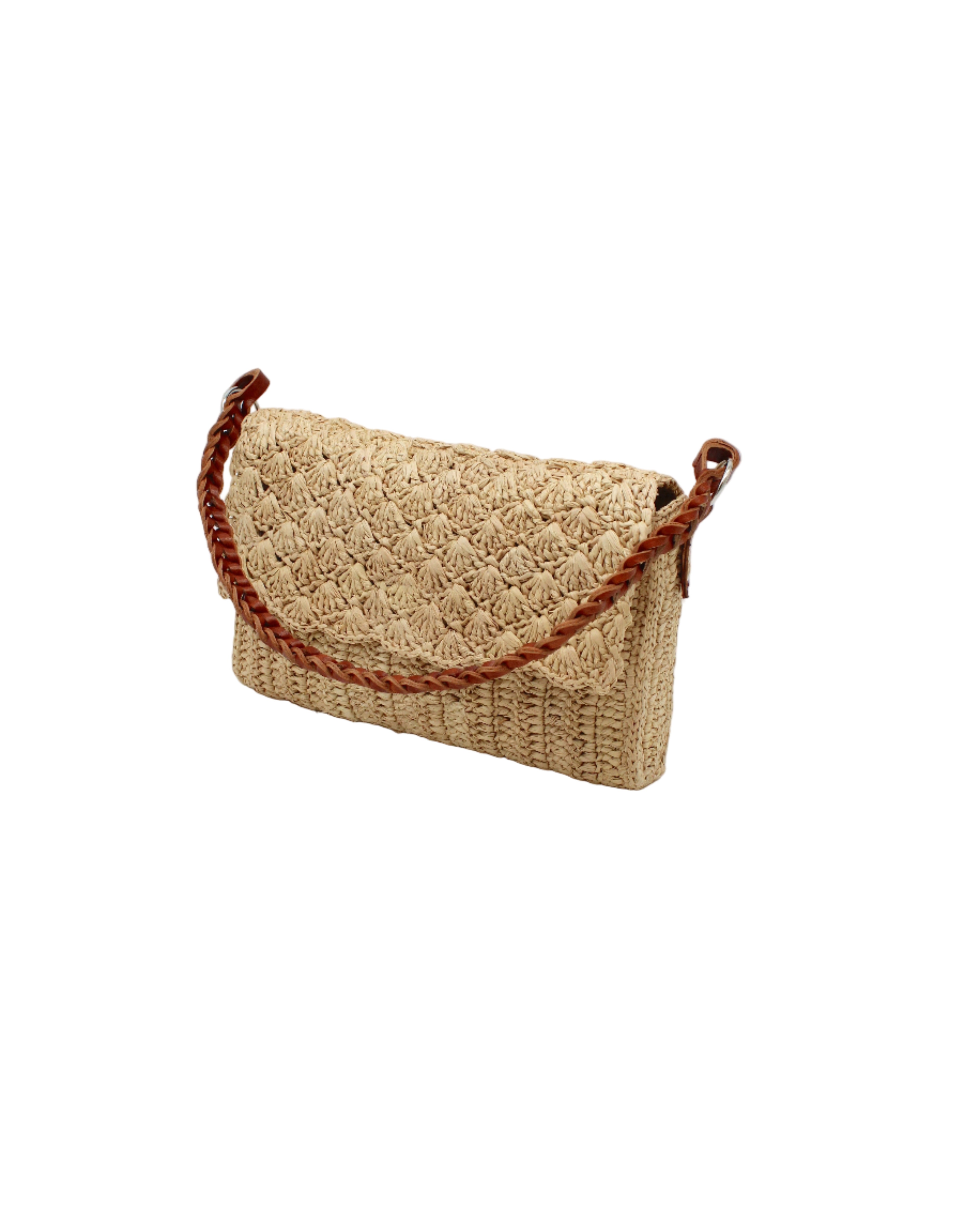 Side view Anna Petal Pattern Crochet Straw Over Shoulder Envelope Clutch Purse handmade raffia palm fiber in a solid hue of Natural straw color crochet in multiple textures resulting in a subtle pattern of vertical linked bands on the bottom half of the bag, and a floral petal or shell pattern on the upper envelope flap with braided leather shoulder strap handbag shoulder bag - Shebobo