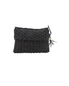 Anna Petal Pattern Crochet Straw Pouch Clutch Purse handmade natural raffia palm fiber in a solid hue of Black crochet in multiple textures resulting in a subtle pattern of vertical linked bands on the bottom half of the bag, and a floral petal or shell pattern on the upper half - Shebobo