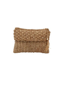 Anna Petal Pattern Crochet Straw Pouch Clutch Purse handmade natural raffia palm fiber in a solid hue of Cappuccino tea/light/brown crochet in multiple textures resulting in a subtle pattern of vertical linked bands on the bottom half of the bag, and a floral petal or shell pattern on the upper half - Shebobo
