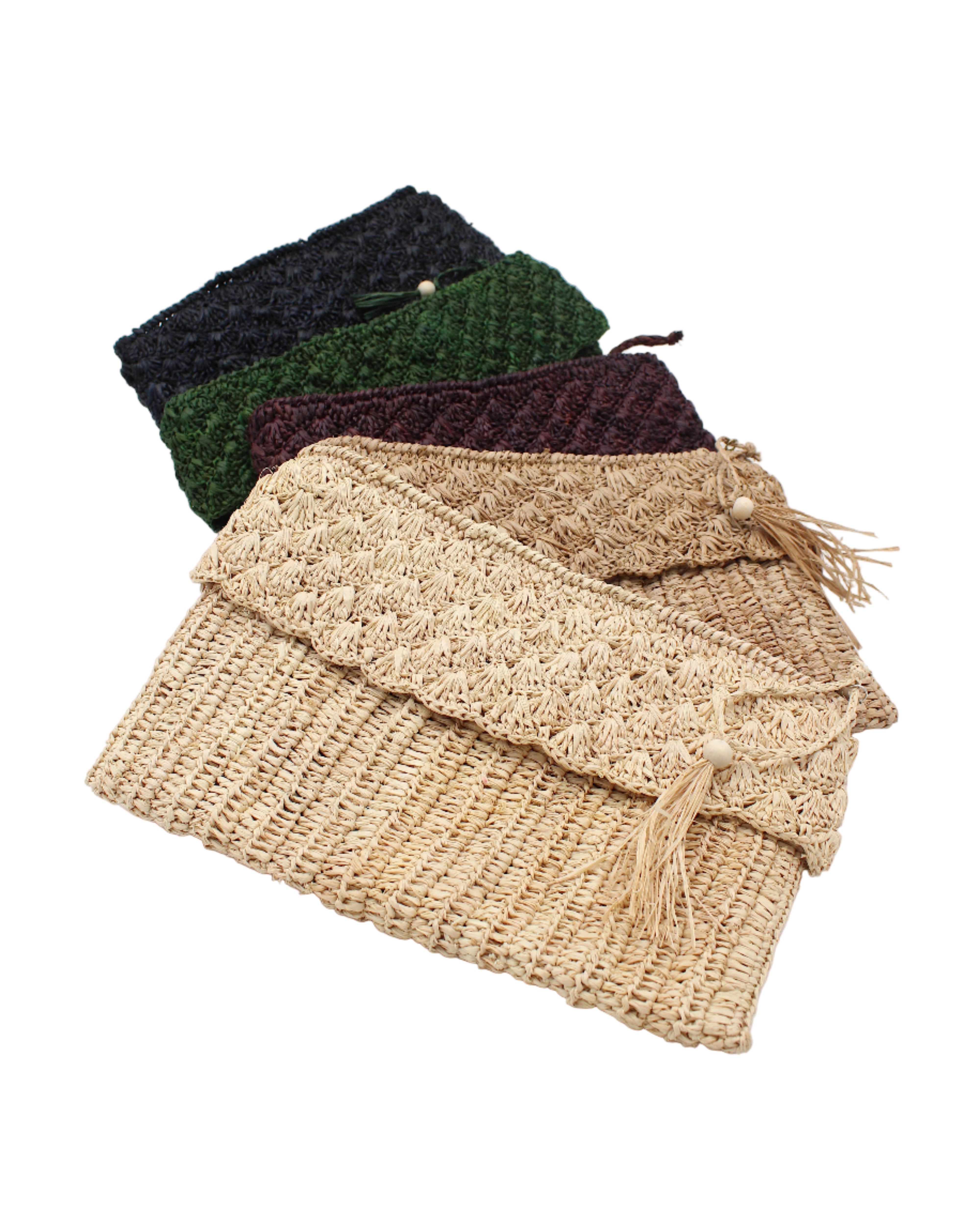 Anna Petal Pattern Crochet Straw Pouch Clutch Purse handmade natural raffia palm fiber in a solid hues crochet in multiple textures resulting in a subtle pattern of vertical linked bands on the bottom half of the bag, and a floral petal or shell pattern on the upper half - Shebobo