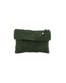 Anna Petal Pattern Crochet Straw Pouch Clutch Purse handmade natural raffia palm fiber in a solid hue of Deep Green dark/forrest/green crochet in multiple textures resulting in a subtle pattern of vertical linked bands on the bottom half of the bag, and a floral petal or shell pattern on the upper half - Shebobo