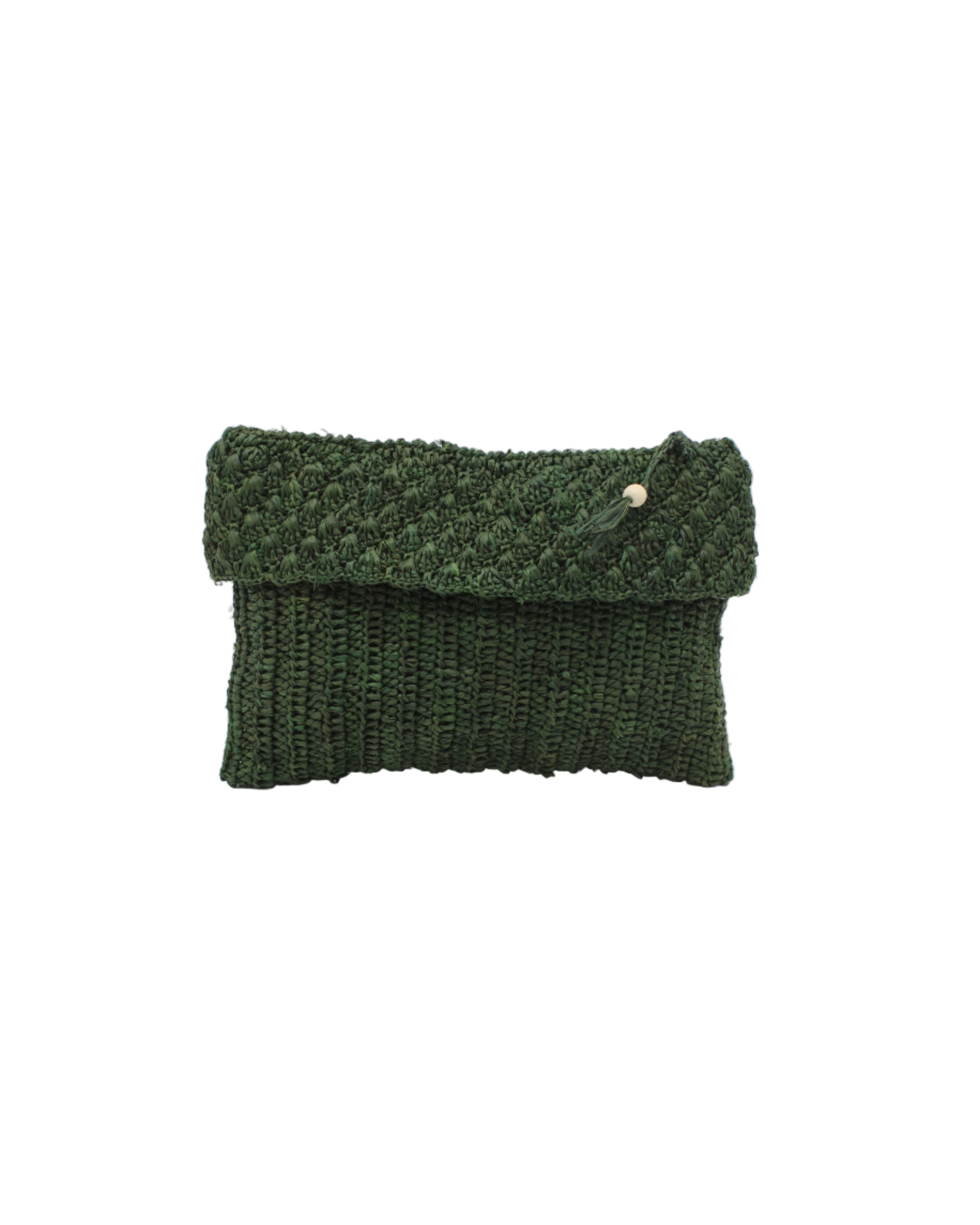 Anna Petal Pattern Crochet Straw Pouch Clutch Purse handmade natural raffia palm fiber in a solid hue of Deep Green dark/forrest/green crochet in multiple textures resulting in a subtle pattern of vertical linked bands on the bottom half of the bag, and a floral petal or shell pattern on the upper half - Shebobo