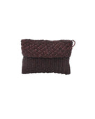 Anna Petal Pattern Crochet Straw Pouch Clutch Purse handmade natural raffia palm fiber in a solid hue of Espresso chocolate/dark/brown crochet in multiple textures resulting in a subtle pattern of vertical linked bands on the bottom half of the bag, and a floral petal or shell pattern on the upper half - Shebobo