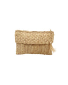 Anna Petal Pattern Crochet Straw Pouch Clutch Purse handmade natural raffia palm fiber in a solid hue of Natural straw color crochet in multiple textures resulting in a subtle pattern of vertical linked bands on the bottom half of the bag, and a floral petal or shell pattern on the upper half - Shebobo