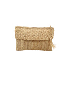 Anna Petal Pattern Crochet Straw Pouch Clutch Purse handmade natural raffia palm fiber in a solid hue of Natural straw color crochet in multiple textures resulting in a subtle pattern of vertical linked bands on the bottom half of the bag, and a floral petal or shell pattern on the upper half - Shebobo