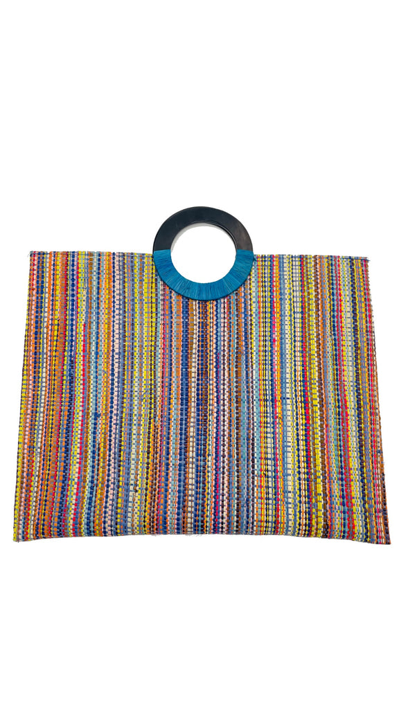 Aria Straw Handbag Briefcase with Horn Handles in Blue multicolor melange pattern vertical stripes - Shebobo