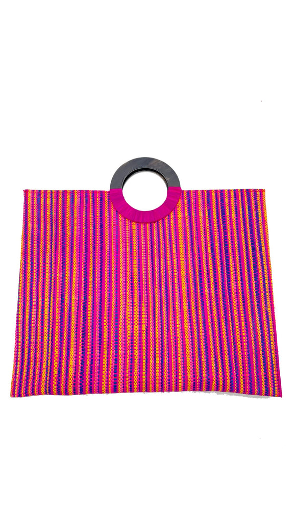 Aria Straw Handbag Briefcase with Horn Handles in Fuchsia Pink multicolor melange pattern vertical stripes - Shebobo