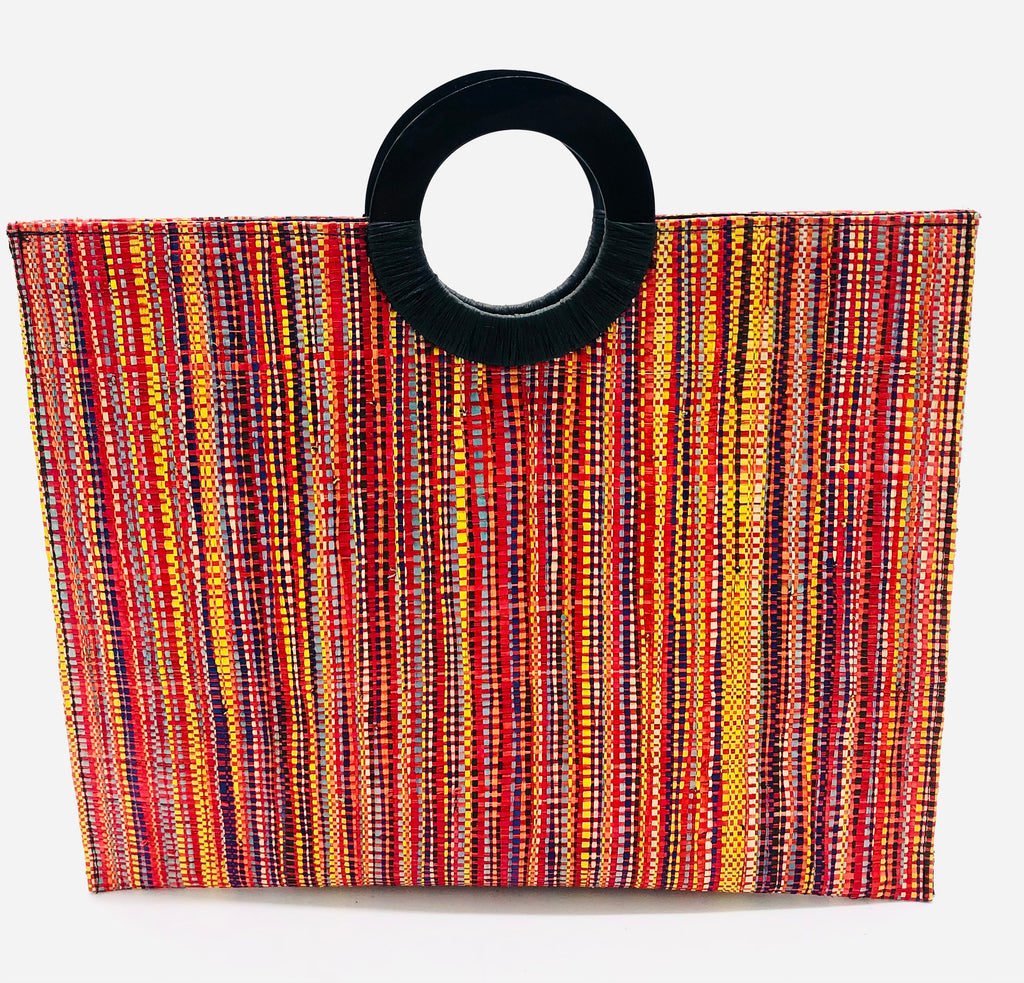 Aria Straw Handbag Briefcase with Horn Handles in Raspberry Red multicolor melange pattern vertical stripes - Shebobo