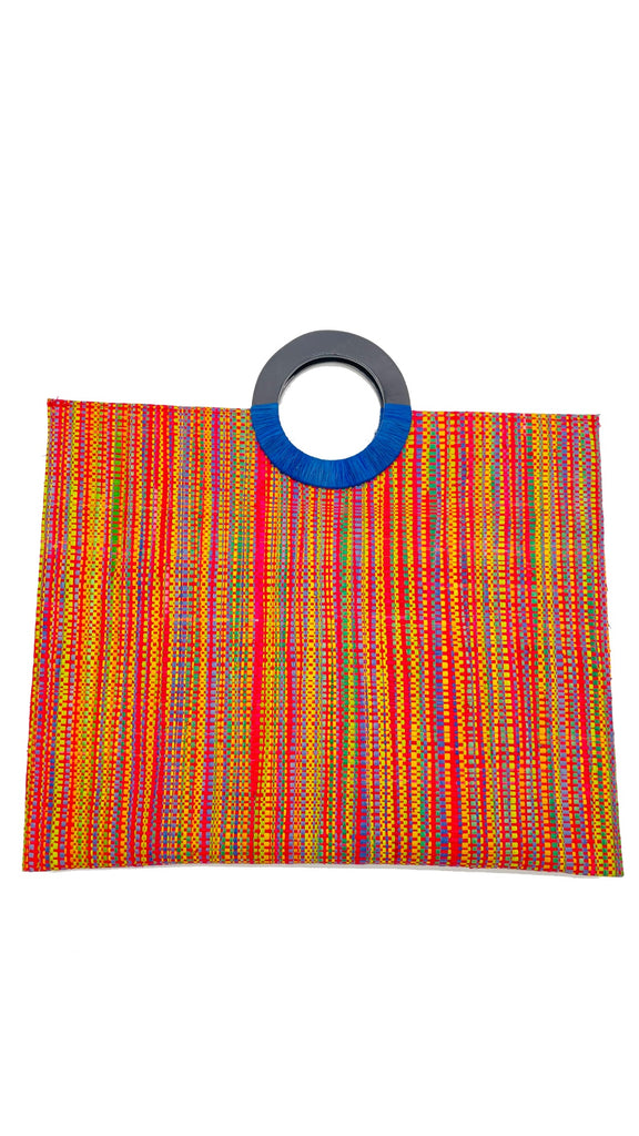 Aria Straw Handbag Briefcase with Horn Handles in Red multicolor melange pattern vertical stripes - Shebobo