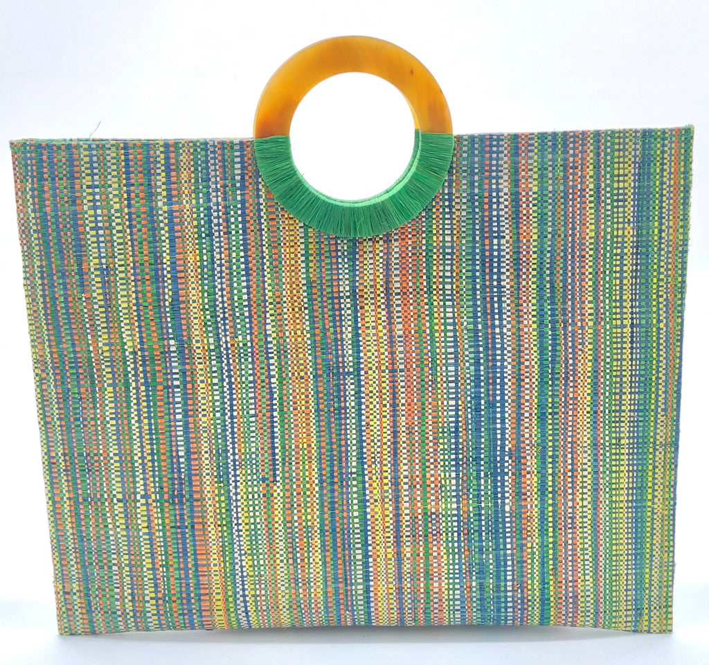 Aria Straw Handbag Briefcase with Horn Handles in Turquoise Blue multicolor melange pattern vertical stripes - Shebobo