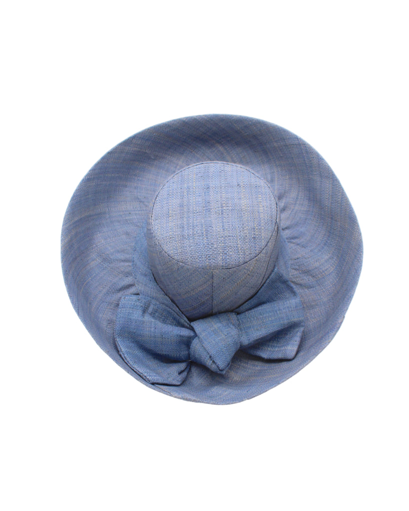 Audrey 5" & 7" Wide Brim Solid Color Straw Sun Hats with Big Bow handmade loomed natural raffia straw fiber in a solid hue of Denim retro/light/blue with matching oversized big bow embellishment hat band - Shebobo