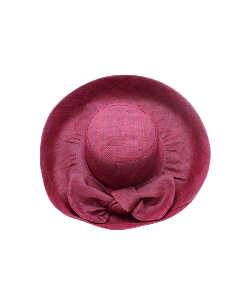 Audrey 5" & 7" Wide Brim Solid Color Straw Sun Hats with Big Bow handmade loomed natural raffia straw fiber in a solid hue of Umberwine bordeaux/claret/deep/dark/red/purple with matching oversized big bow embellishment hat band - Shebobo