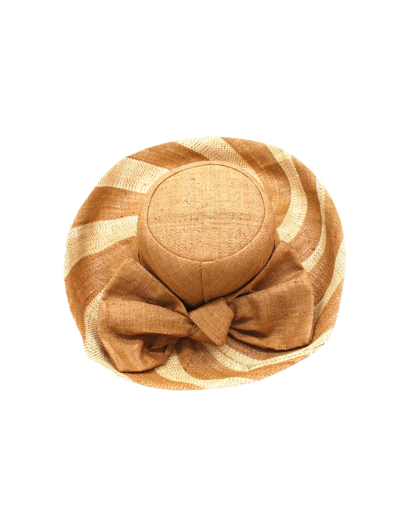 Audrey 5" & 7" Wide Brim Cappuccino Two Tone Wide Stripe Straw Sun Hats with Big Bow handmade loomed raffia palm fiber in a solid hue of Cappuccino tea/light/brown on the crown and matching oversized big bow embellishment hat band, with two tone even width wide stripe pattern of cappuccino and natural straw color that creates a swirl patterned brim - Shebobo