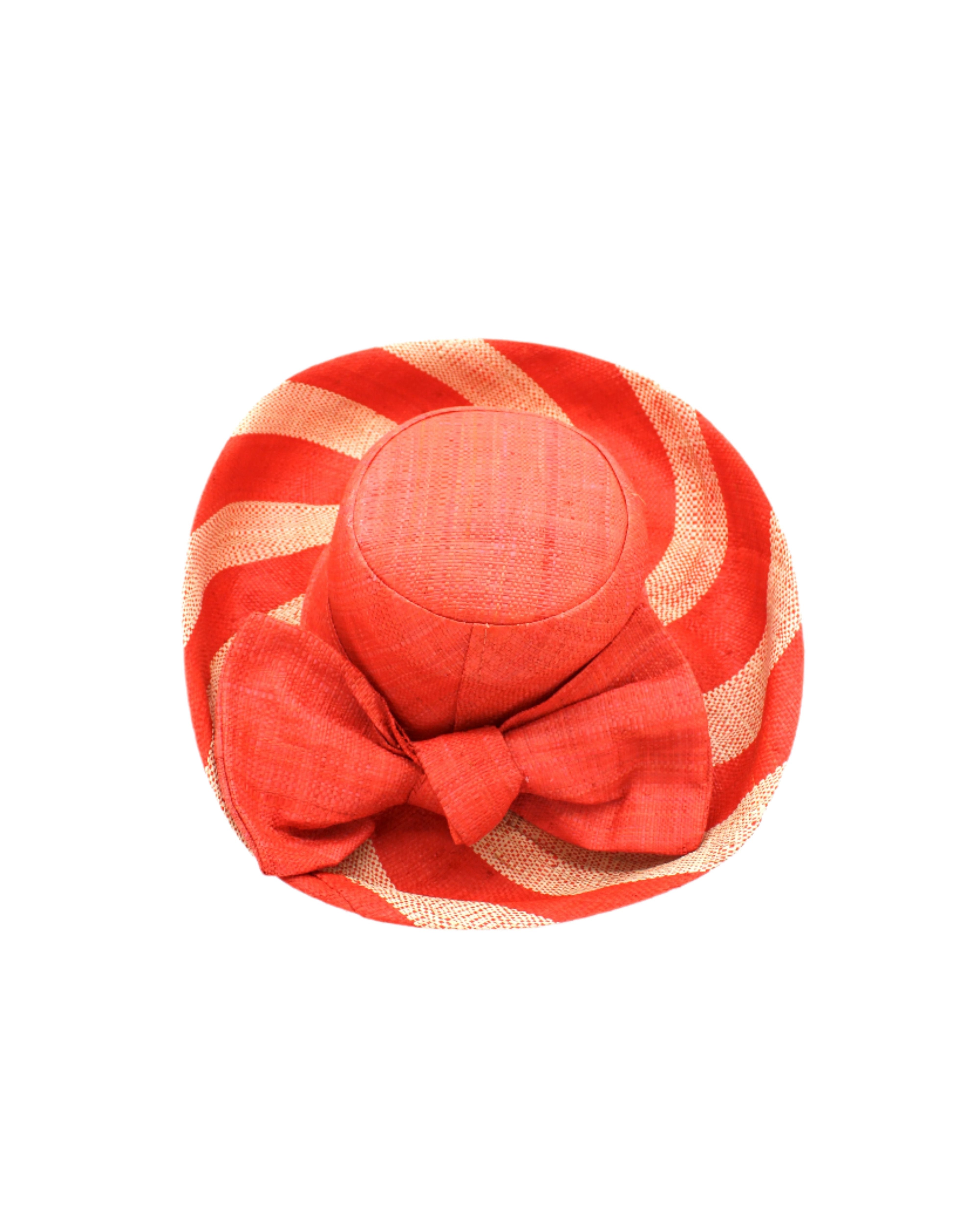 Audrey 5" & 7" Wide Brim Coral Two Tone Wide Stripe Straw Sun Hats with Big Bow handmade loomed raffia palm fiber in a solid hue of Coral orange/red on the crown and matching oversized big bow embellishment hat band, with two tone even width wide stripe pattern of coral and natural straw color that creates a swirl patterned brim - Shebobo