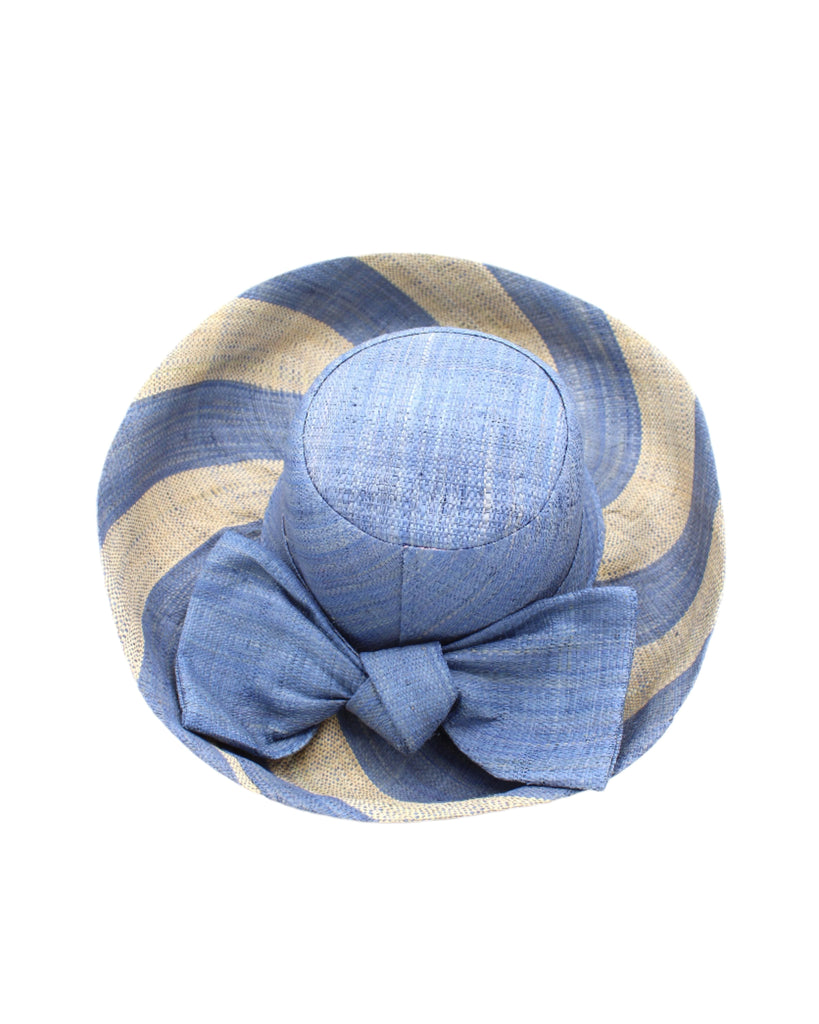 Audrey 5" & 7" Wide Brim Denim Two Tone Wide Stripe Straw Sun Hats with Big Bow handmade loomed raffia palm fiber in a solid hue of Denim retro/light/blue on the crown and matching oversized big bow embellishment hat band, with two tone even width wide stripe pattern of denim and natural straw color that creates a swirl patterned brim - Shebobo