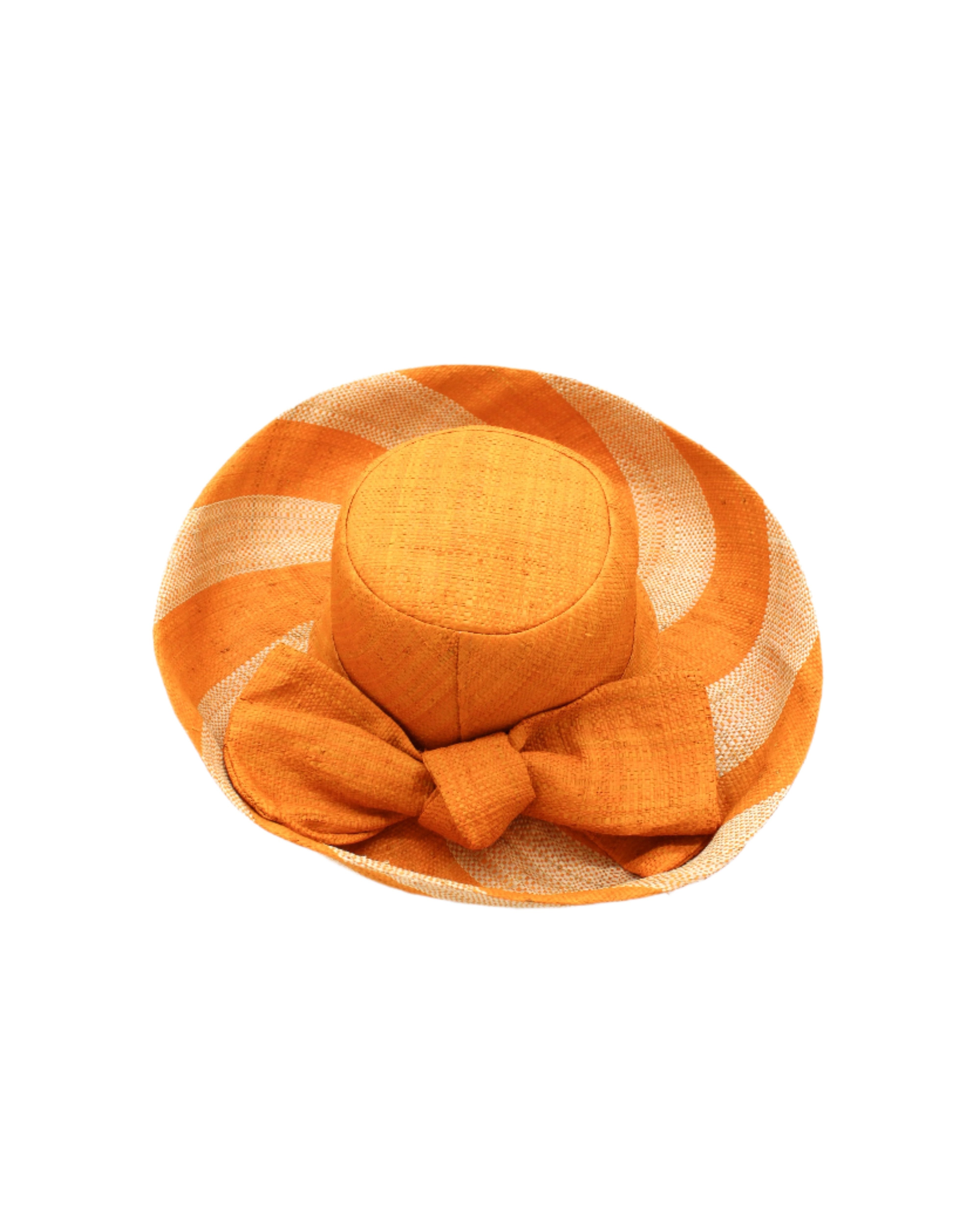 Audrey 5" & 7" Wide Brim Saffron Two Tone Wide Stripe Straw Sun Hats with Big Bow handmade loomed raffia palm fiber in a solid hue of Saffron yellow/orange on the crown and matching oversized big bow embellishment hat band, with two tone even width wide stripe pattern of saffron and natural straw color that creates a swirl patterned brim - Shebobo