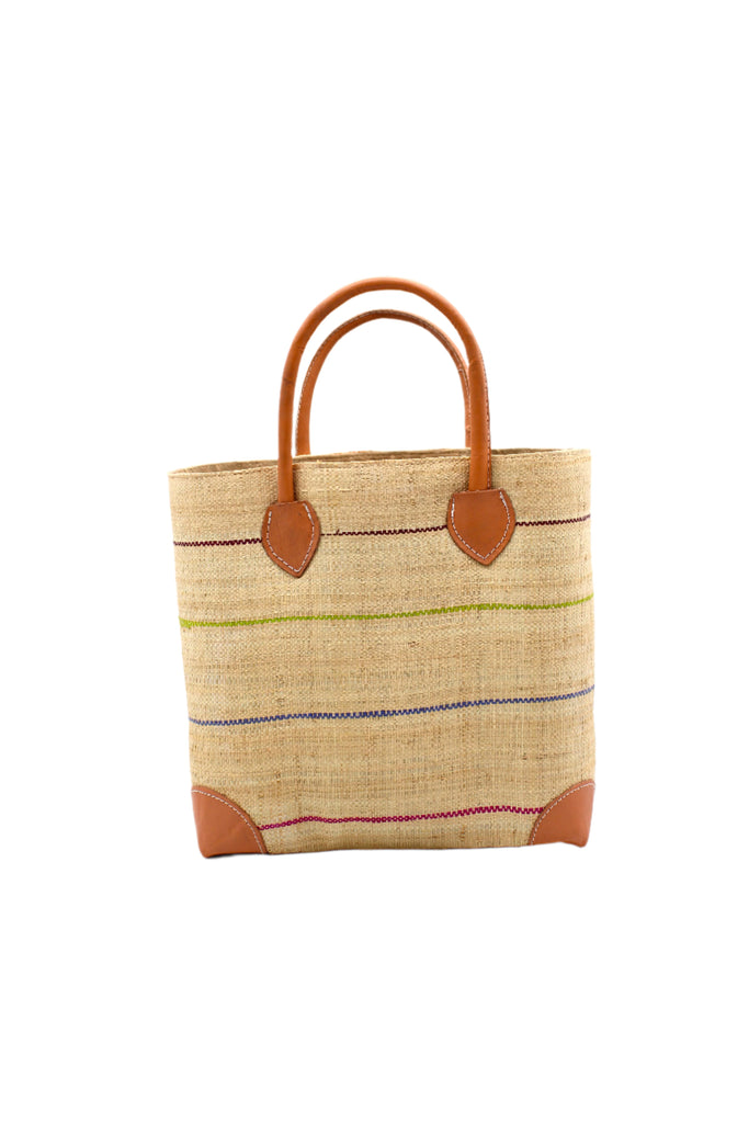 Augustine pinstripes straw basket bag handmade loomed raffia in natural wide horizontal bands with multicolor bright colors of coral red/orange, bordeaux dark red, lime, grey, and fuchsia pink small bands running through in a stripe pattern with leather accents and handles handbag purse - Shebobo