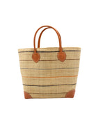 Augustine pinstripes straw basket bag handmade loomed raffia in natural wide horizontal bands with multicolor neutral colors of cinnamon/tobacco/brown, grey, blush pink/orange, and black small bands running through in a stripe pattern with leather accents and handles handbag purse - Shebobo