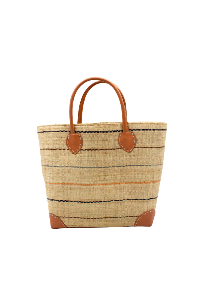 Augustine pinstripes straw basket bag handmade loomed raffia in natural wide horizontal bands with multicolor neutral colors of cinnamon/tobacco/brown, grey, blush pink/orange, and black small bands running through in a stripe pattern with leather accents and handles handbag purse - Shebobo