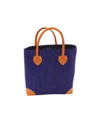 Augustine Straw Basket Bag Azure handmade loomed raffia palm fiber in a solid hue of azure dusk/navy/dark/blue handbag purse with leather accents and handles beach bag - Shebobo
