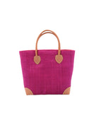 Augustine Straw Basket Bag Fuchsia handmade loomed raffia palm fiber in a solid hue of fuchsia/bright/barbie/hot pink handbag purse with leather accents and handles beach bag - Shebobo