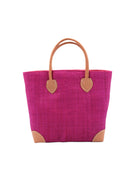 Augustine Straw Basket Bag Fuchsia handmade loomed raffia palm fiber in a solid hue of fuchsia/bright/barbie/hot pink handbag purse with leather accents and handles beach bag - Shebobo