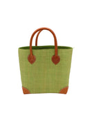 Augustine Straw Basket Bag Matcha handmade loomed raffia palm fiber in a solid hue of matcha light/meadow/green handbag purse with leather accents and handles beach bag - Shebobo
