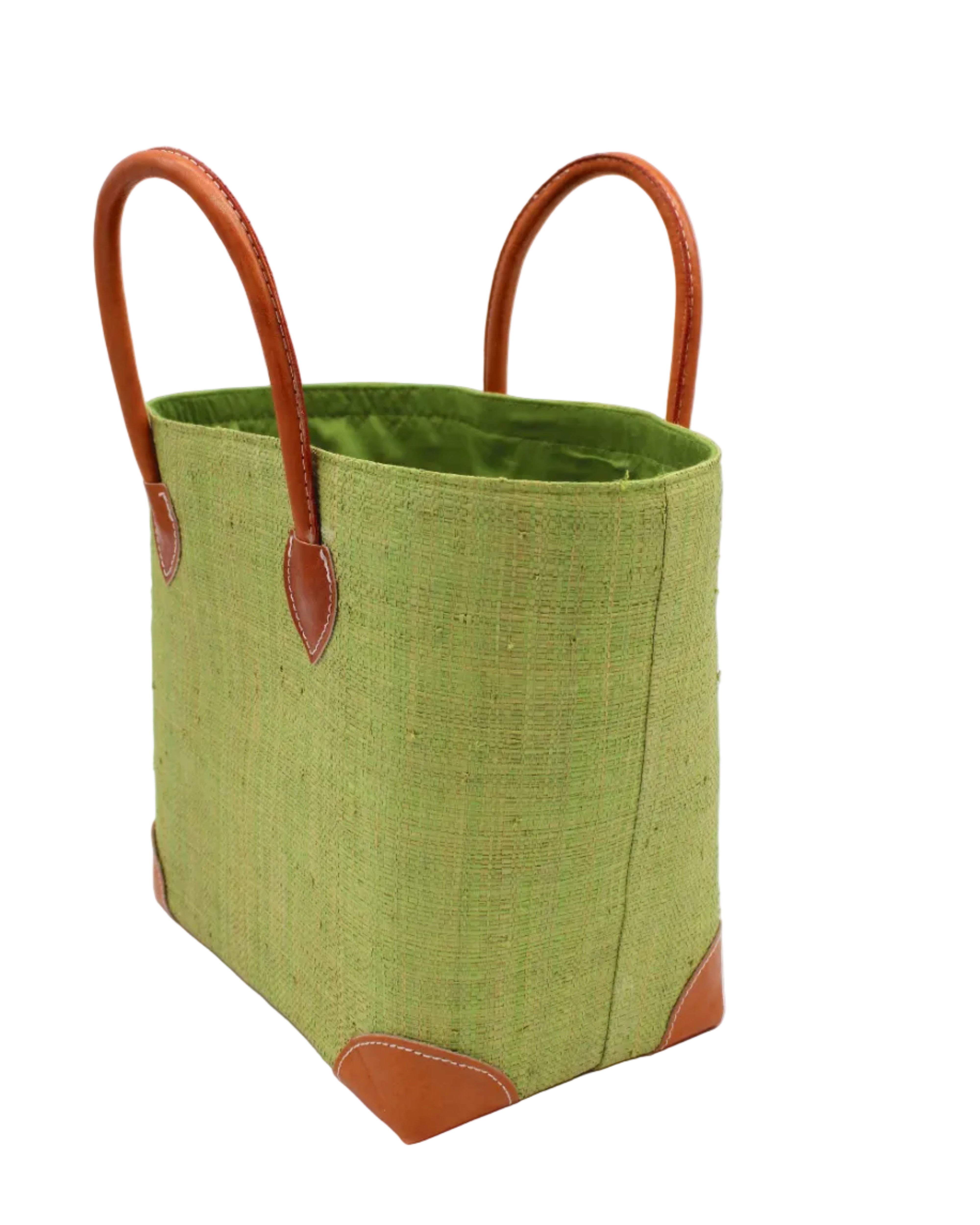 Side view Augustine Straw Basket Bag Matcha handmade loomed raffia palm fiber in a solid hue of matcha light/meadow/green handbag purse with leather accents and handles beach bag - Shebobo