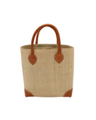 Augustine Straw Basket Bag Natural handmade loomed raffia palm fiber in a solid hue of natural straw color handbag purse with leather accents and handles beach bag - Shebobo