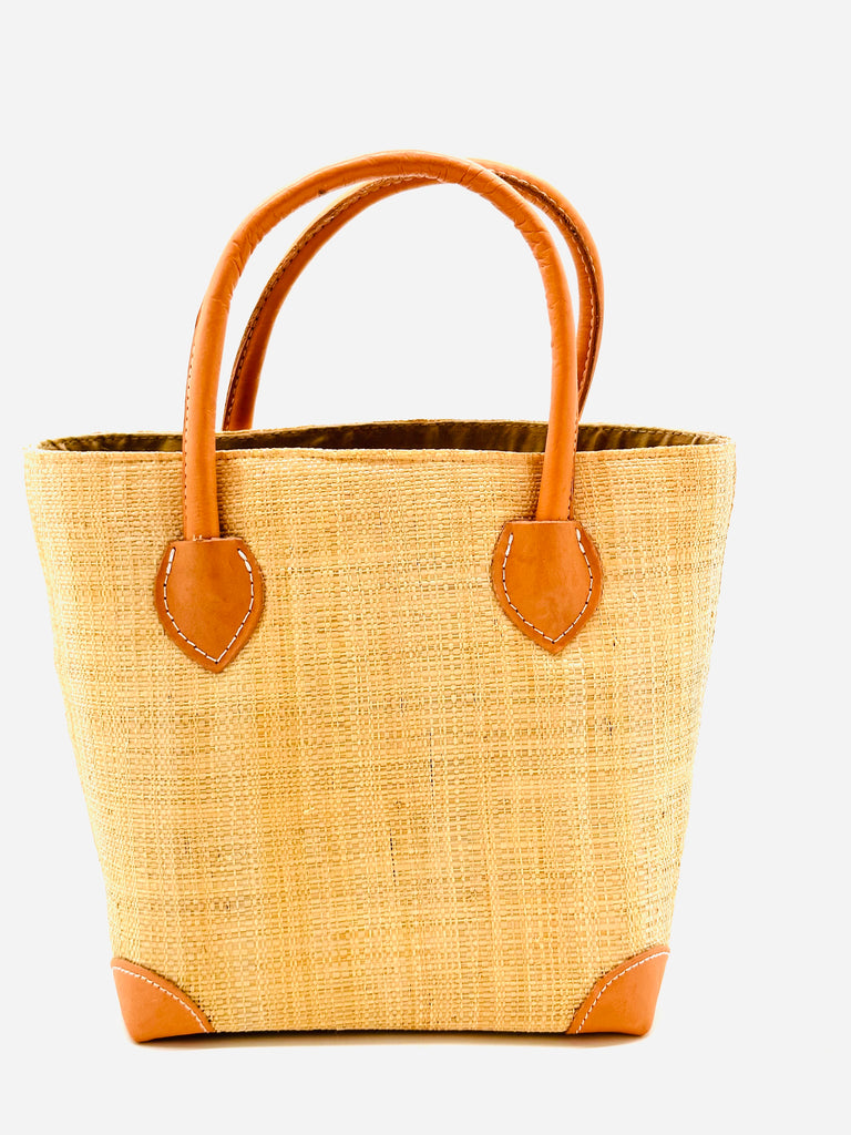 Augustine Straw Basket Bag handmade loomed raffia handbag with leather corners and handles in natural straw color - Shebobo