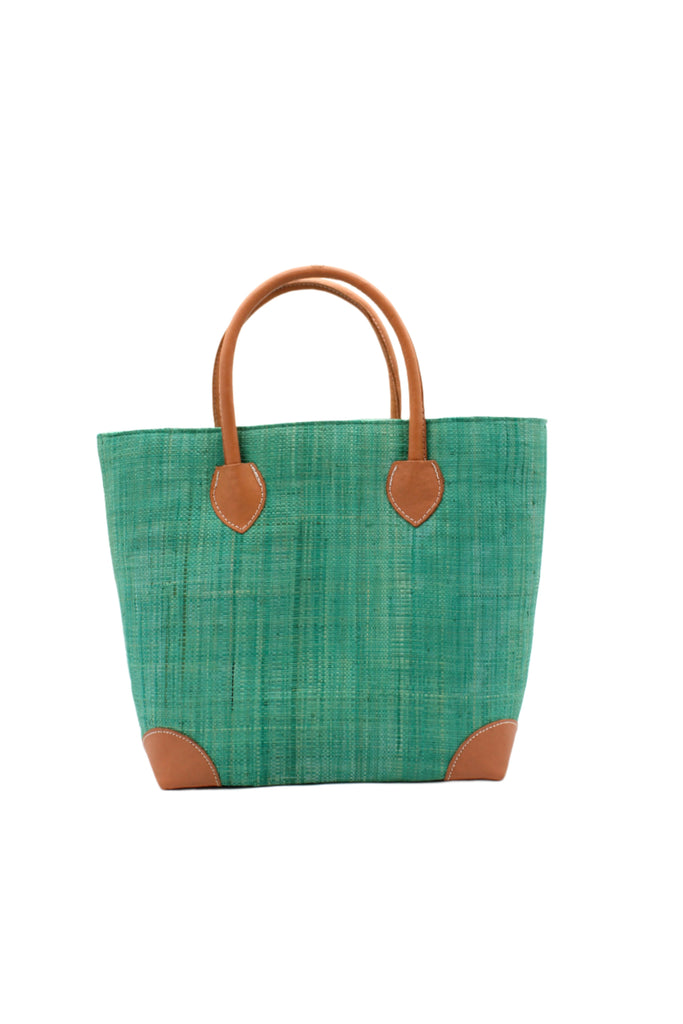 Augustine Straw Basket Bag Seafoam handmade loomed raffia palm fiber in a solid hue of seafoam blue/green handbag purse with leather accents and handles beach bag - Shebobo