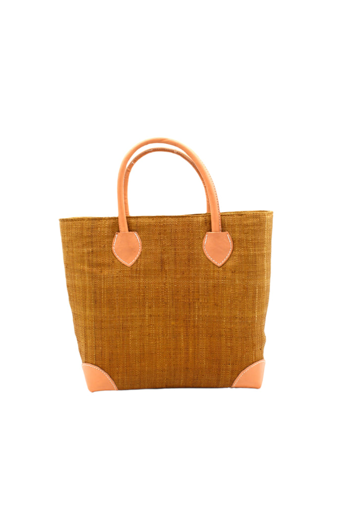 Augustine Straw Basket Bag Cinnamon handmade loomed raffia palm fiber in a solid hue of cinnamon/tobacco/brown handbag purse with leather accents and handles beach bag - Shebobo