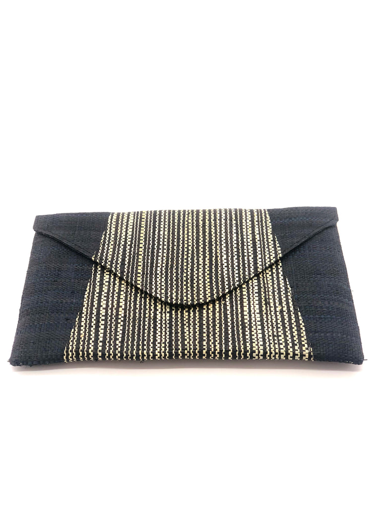 Belvedere envelope clutch solid black color and natural/black melange pattern center raffia straw purse - Shebobo