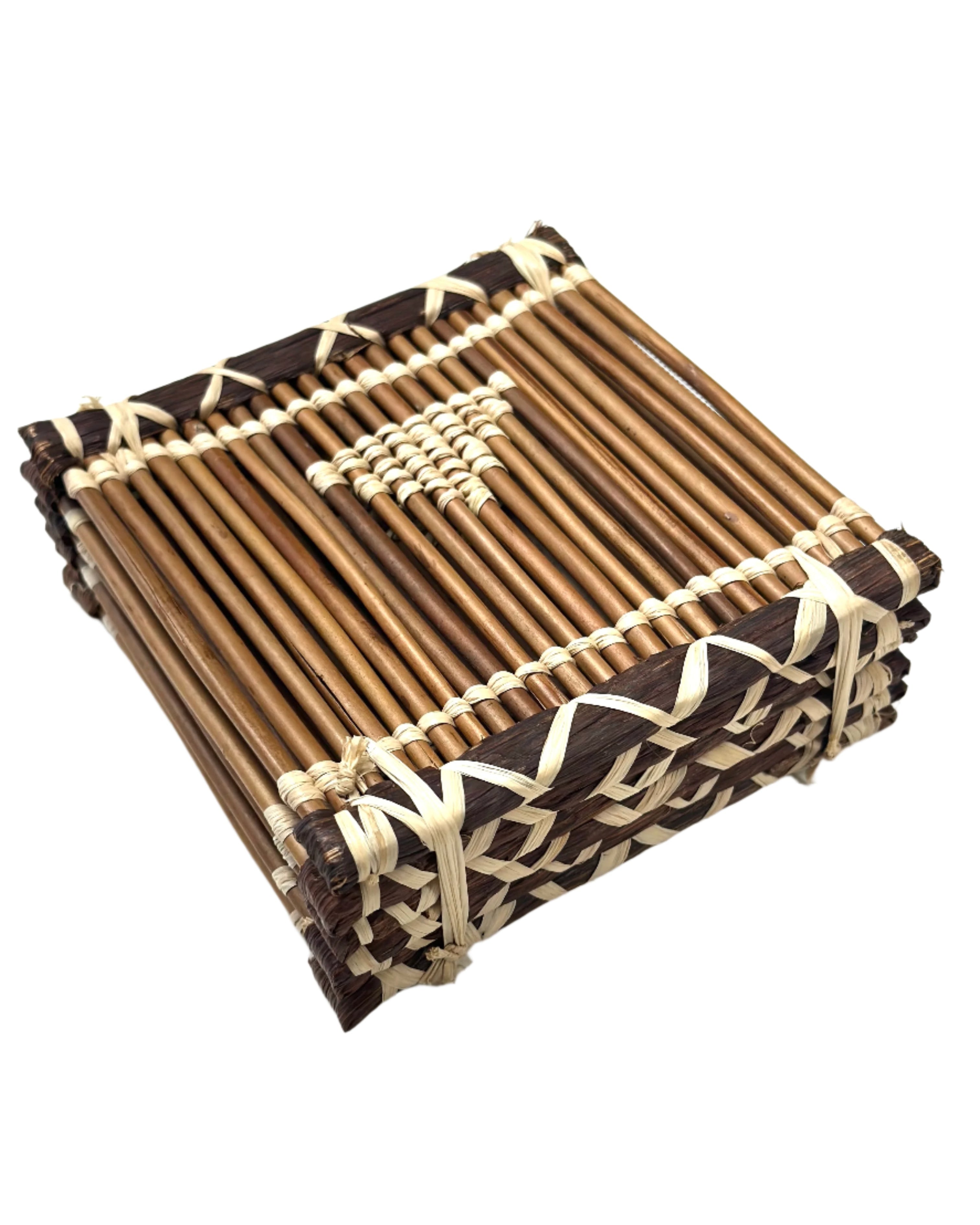 Baraka Square Reed and Raffia Straw Coasters  Sets of 6 handmade natural reed and woven raffia palm fiber in a natural multicolor hue of dark brown, reddish brown, and straw color with woven triangle detailing, parallel banding, and loop edging embellishment set of six - Shebobo