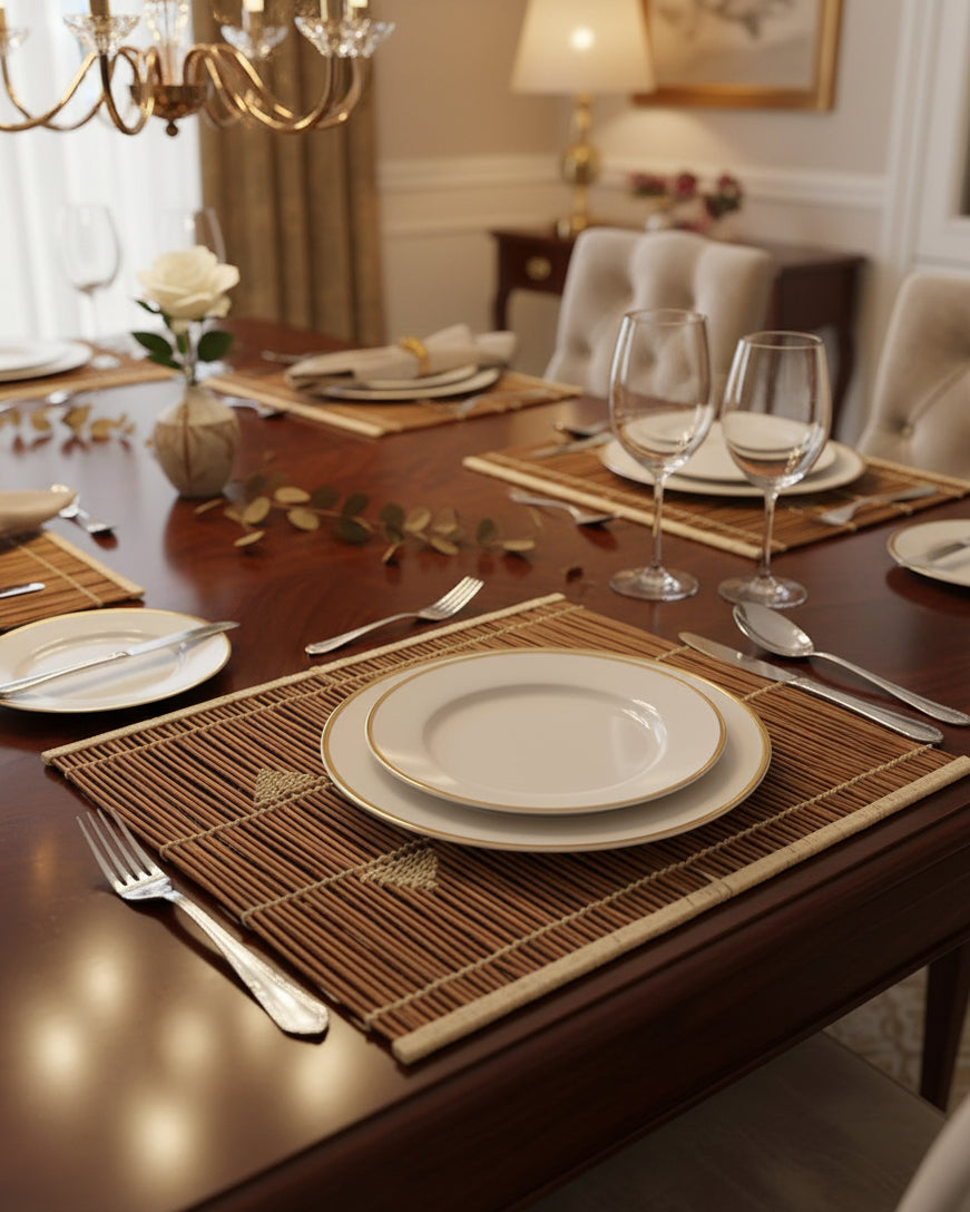 Baraka Square Reed and Raffia Straw Placemats Sets of 6 handmade natural reed and woven raffia palm fiber in a natural multicolor hue of dark brown, reddish brown, and straw color with woven triangle detailing, parallel banding, and loop edging embellishment set of six - Shebobo
