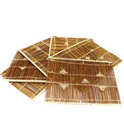 Baraka Square Reed and Raffia Straw Placemats Sets of 6 handmade natural reed and woven raffia palm fiber in a natural multicolor hue of dark brown, reddish brown, and straw color with woven triangle detailing, parallel banding, and loop edging embellishment set of six - Shebobo