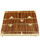 Baraka Square Reed and Raffia Straw Placemats Sets of 6 handmade natural reed and woven raffia palm fiber in a natural multicolor hue of dark brown, reddish brown, and straw color with woven triangle detailing, parallel banding, and loop edging embellishment set of six - Shebobo